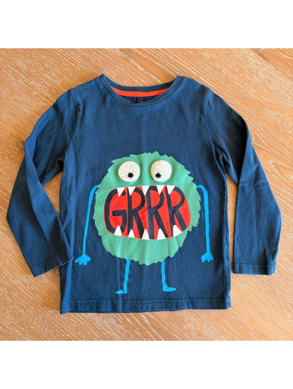 Mini Boden Boys 5-6Y Blue Monster Appliqué 3D Eyes Long Sleeve Shirt